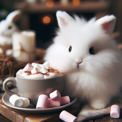 Fluffy bunny enjoying hot chocolate