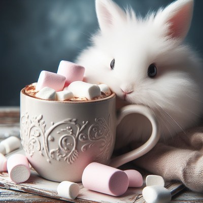 White bunny and hot chocolate with marshmallows