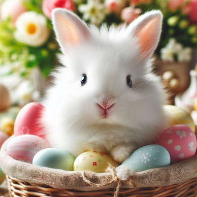 White bunny in basket of easter eggs