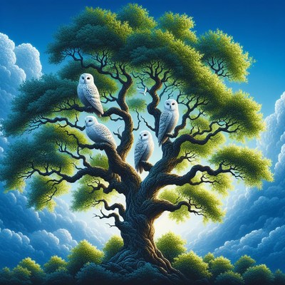 Four owls in a tree
