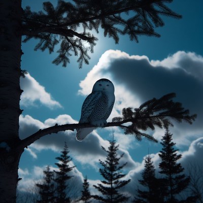 Snowy owl perched on branch at night