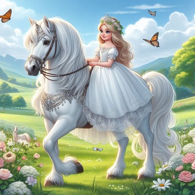 Girl riding white horse in meadow