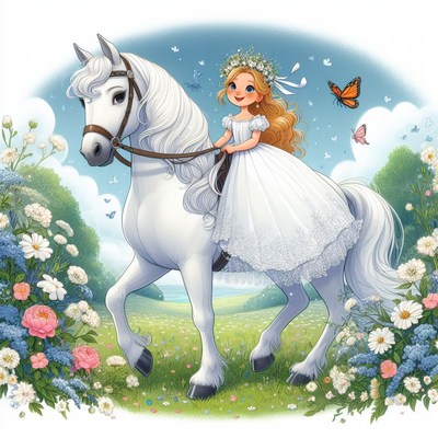 Girl riding white horse in meadow