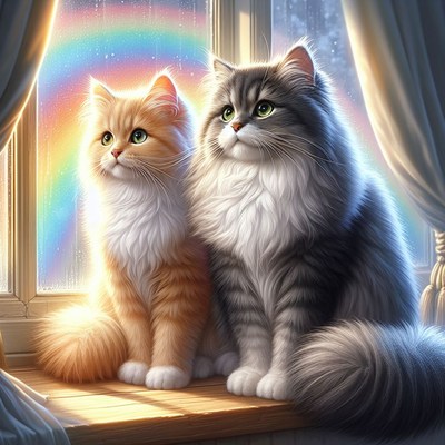 Two cats by window with rainbow