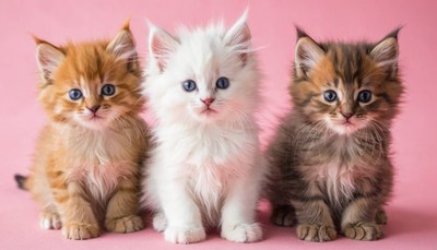 Three kittens sitting on pink background
