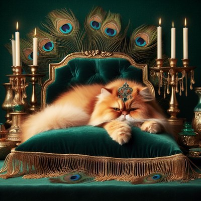 Cat wearing crown on green velvet sofa