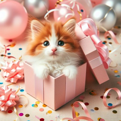 Kitten inside pink gift box