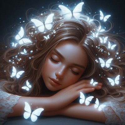Woman sleeping with butterflies