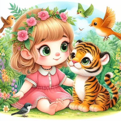 Girl and tiger in a garden