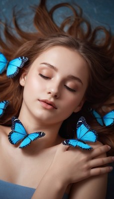 Girl with blue butterflies on face