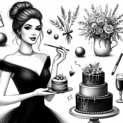 Woman with cake and flowers