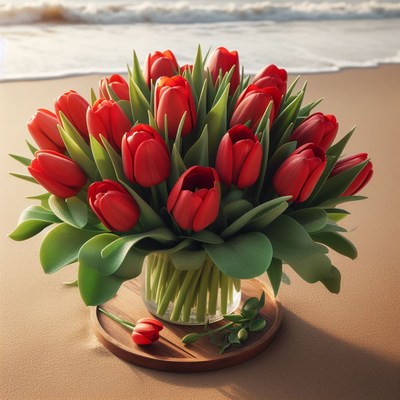 Red tulips on beach sand