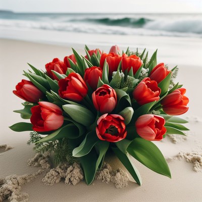 Red tulip bouquet on sandy beach
