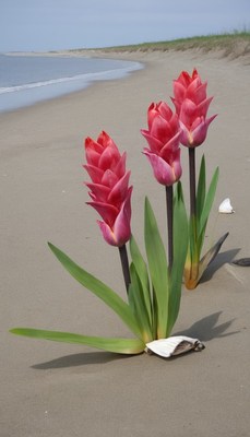 Pink tulips on a sandy beach