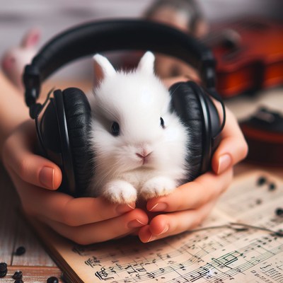 Rabbit wearing headphones on sheet music