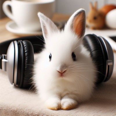 White bunny listening to music