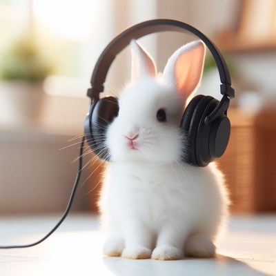 White rabbit listening to music