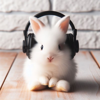 White rabbit listening to music