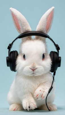 White rabbit wearing headphones