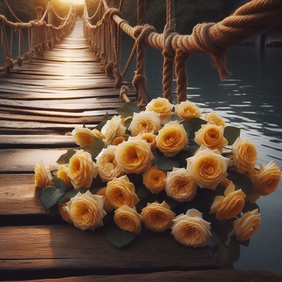 Sunset flowers on rope bridge