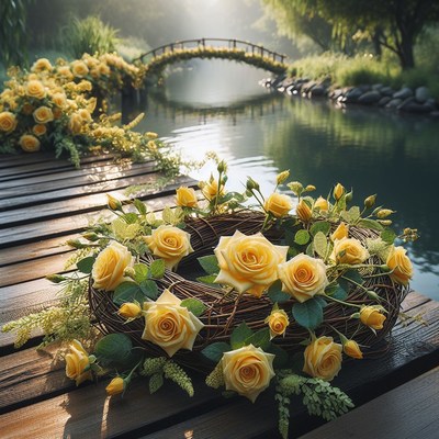 Yellow rose wreath on a wooden dock
