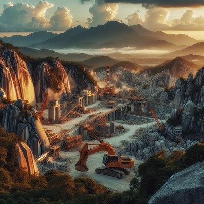 Quarry excavator at sunset