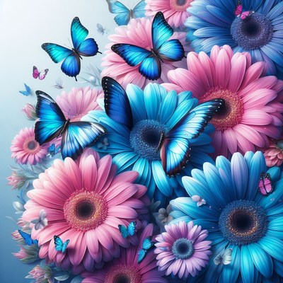 Blue butterflies and flowers