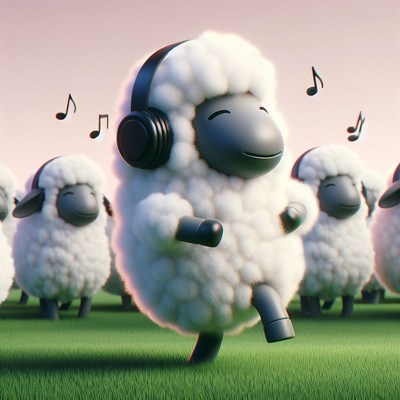 Sheep dancing with headphones