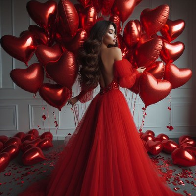 Woman in red dress with heart balloons