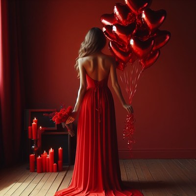 Woman in red dress holding heart balloons
