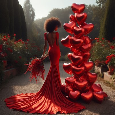 Woman in red dress with heart balloons