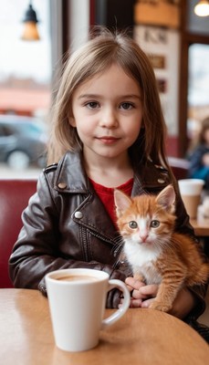 Girl holding kitten at cafe