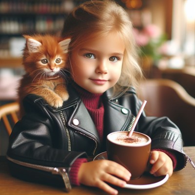 Girl with kitten drinks coffee in cafe