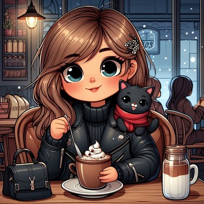 Girl with cat enjoying hot chocolate