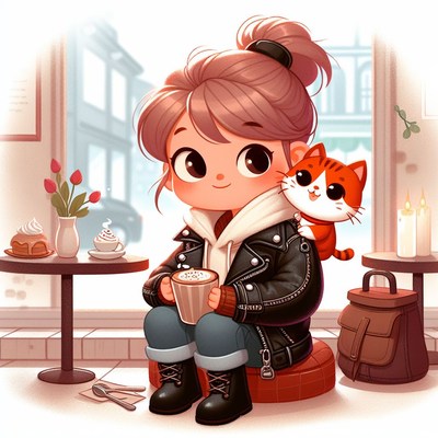 Girl with cat enjoying coffee in cafe