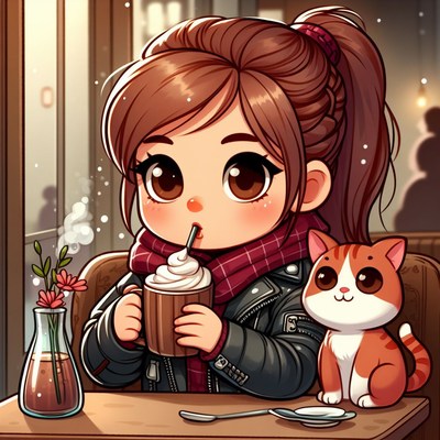 Girl drinking coffee with cat