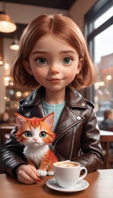 Girl and kitten enjoying coffee