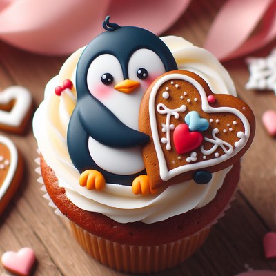 Penguin cupcake with heart cookie