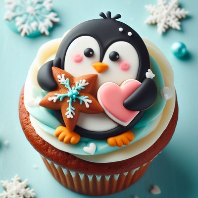 Penguin cupcake with star and heart
