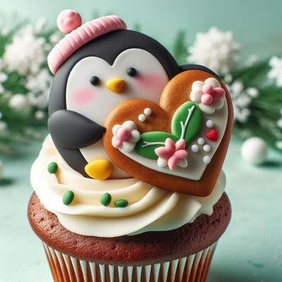 Penguin cupcake with heart cookie