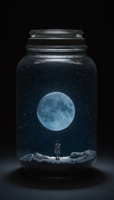 Woman gazing at the moon in a jar