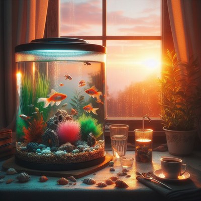 Goldfish tank at sunset