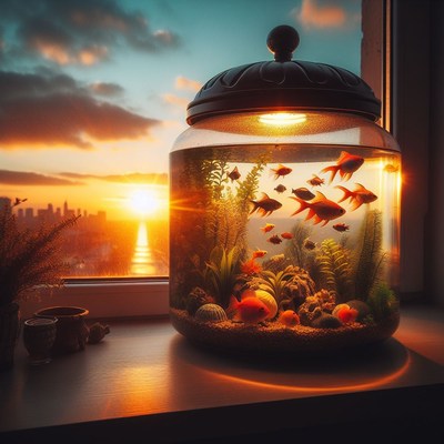 Goldfish aquarium at sunset