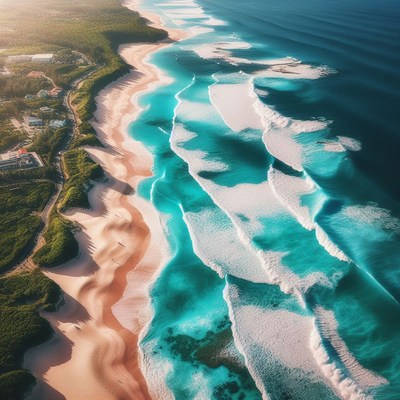 Aerial view of turquoise waves crashing on a sandy shore