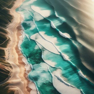 Aerial view of turquoise waves crashing on a sandy shore