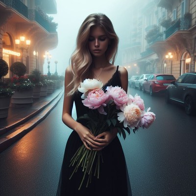 Woman holding flowers on foggy city street