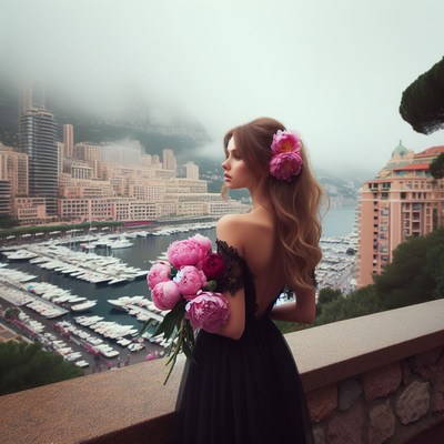 Woman in black dress with peonies in monaco
