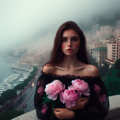 Woman holding flowers in city fog