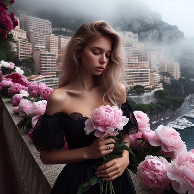 Woman in black dress with flowers in monaco