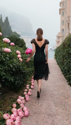 Woman walking through garden in black dress